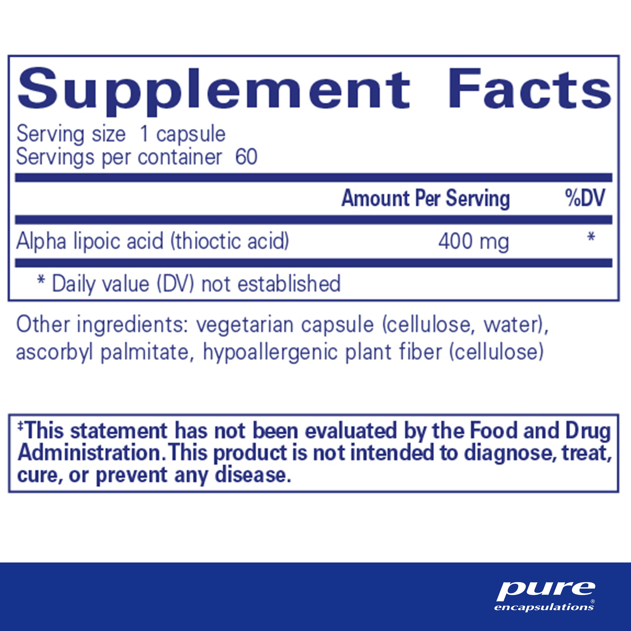 Pure Encapsulations Alpha Lipoic Acid 400 mg capsules neatly packed for easy daily dosing.