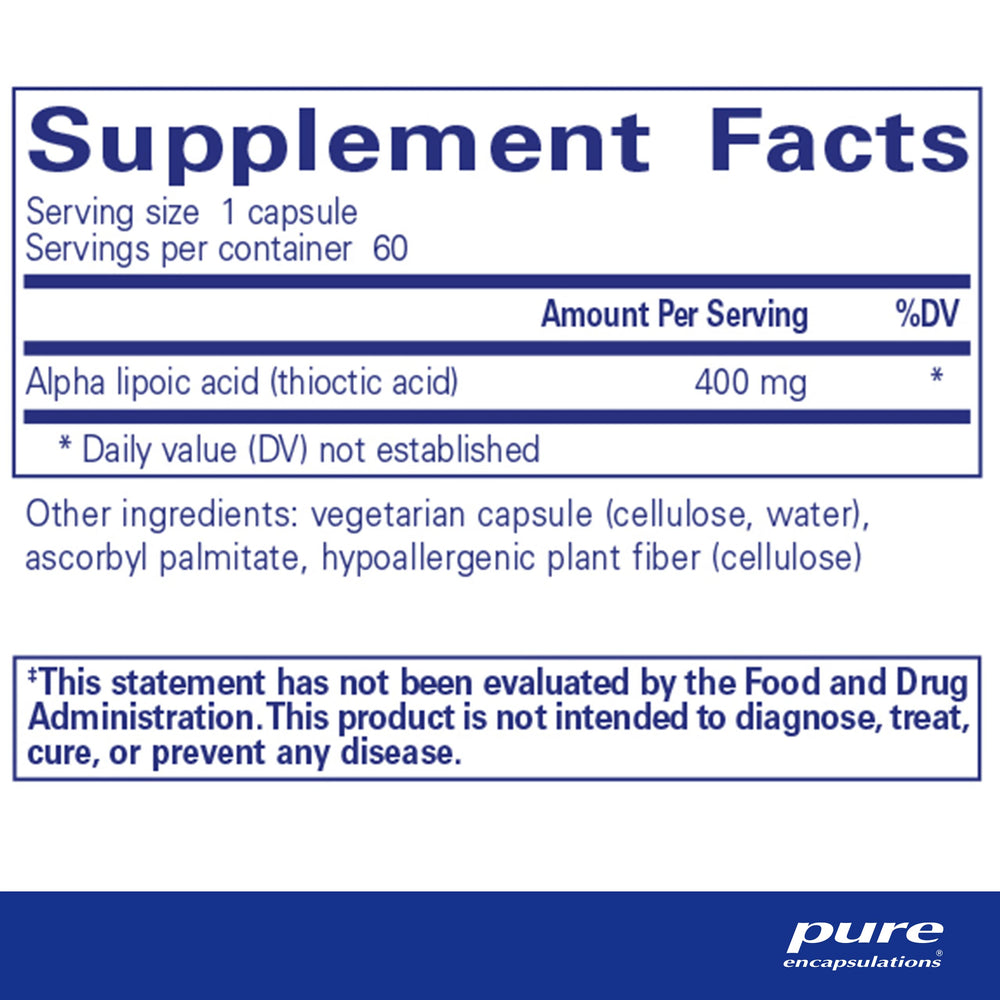 Pure Encapsulations Alpha Lipoic Acid 400 mg capsules neatly packed for easy daily dosing.