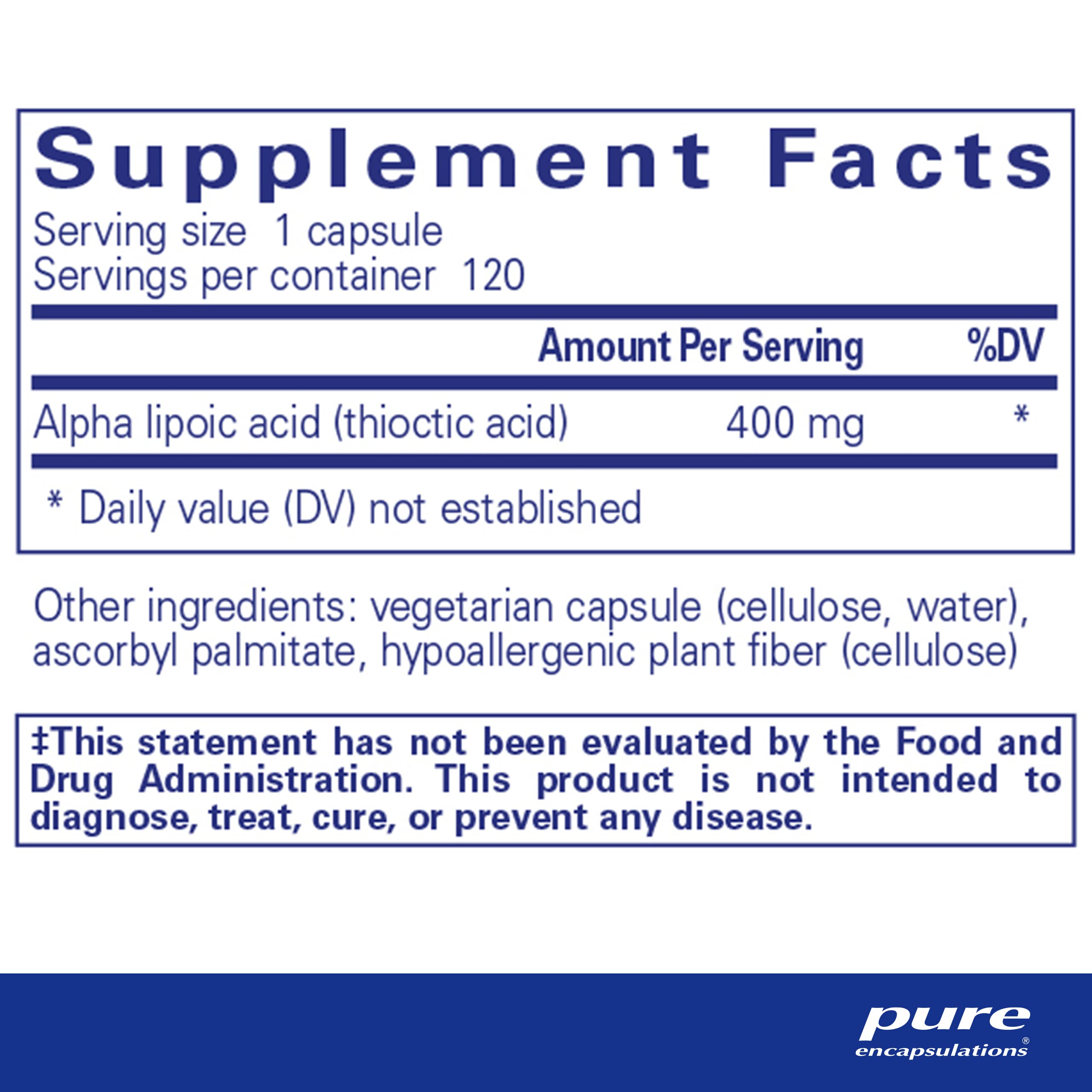 Pure Encapsulations Alpha Lipoic Acid capsules ready for daily use.
