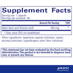 Pure Encapsulations Alpha Lipoic Acid 400 mg capsules neatly packed for easy daily dosing.