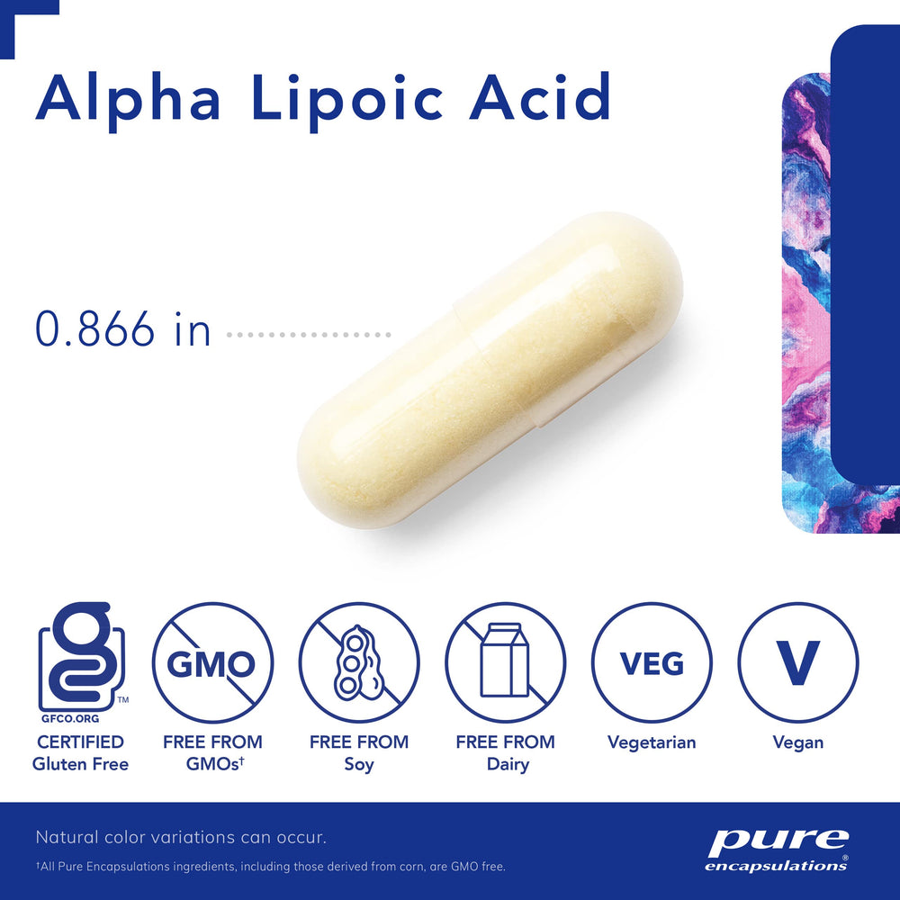Pure Encapsulations Alpha Lipoic Acid 400 mg label close-up highlighting purity and quality.