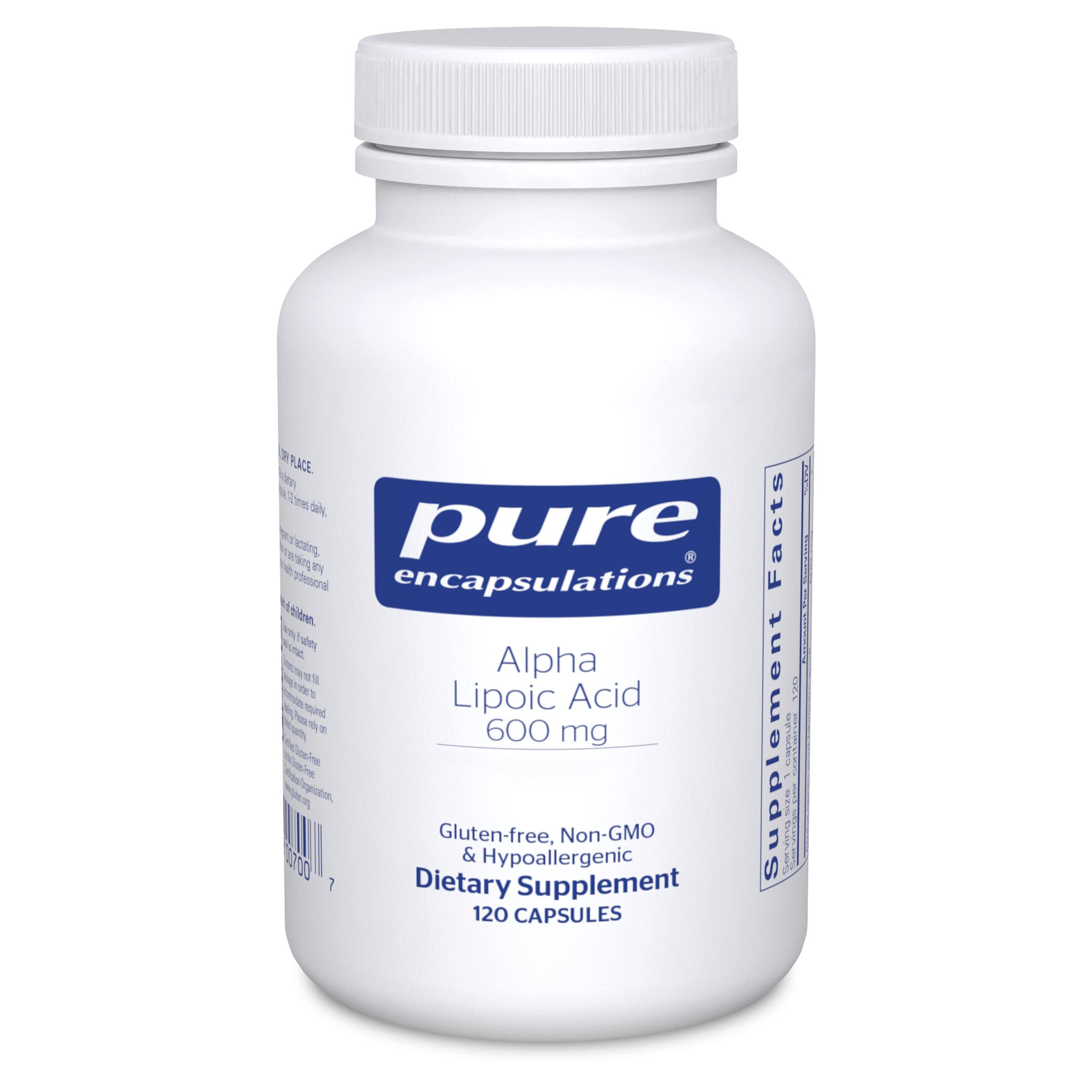 Pure Encapsulations Alpha Lipoic Acid 600 mg bottle for antioxidant support.