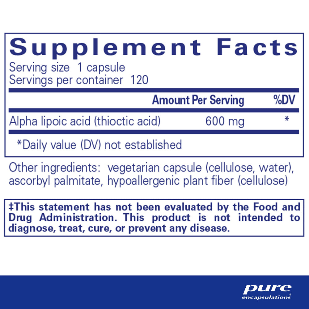 Pure Encapsulations Alpha Lipoic Acid 600 mg capsules for daily antioxidant support.