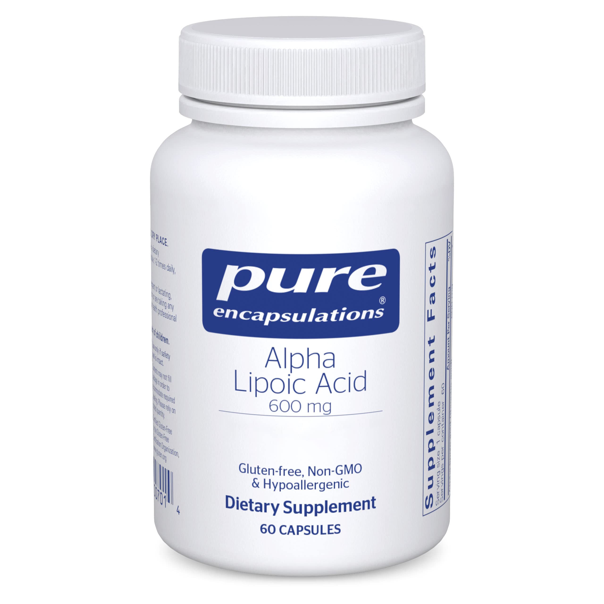 Pure Encapsulations Alpha Lipoic Acid 600 mg bottle showing antioxidant support on label