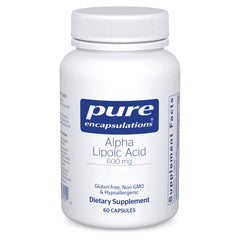Pure Encapsulations Alpha Lipoic Acid 600 mg bottle showing antioxidant support on label