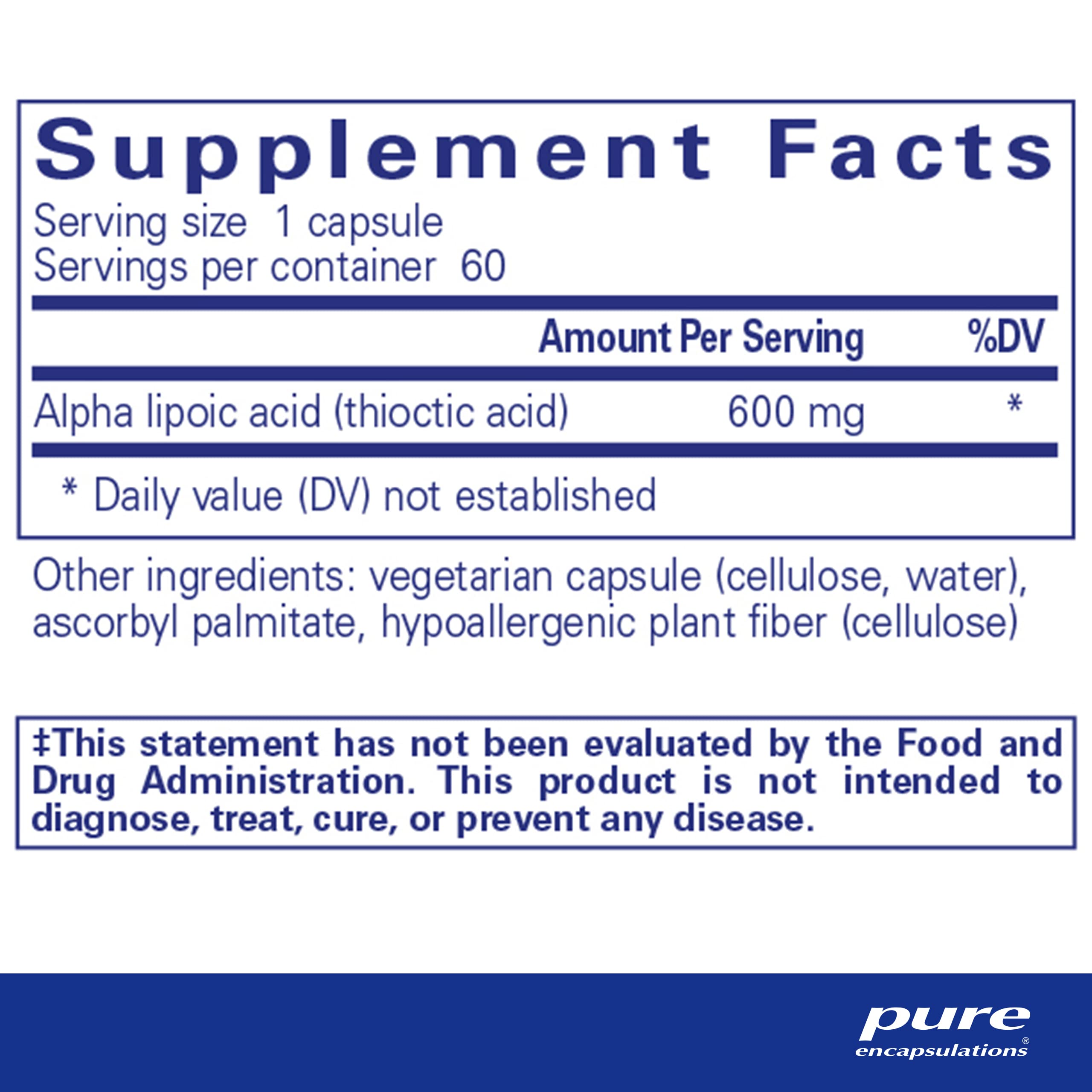 Capsules of Pure Encapsulations Alpha Lipoic Acid 600 mg in bottle for nerve health
