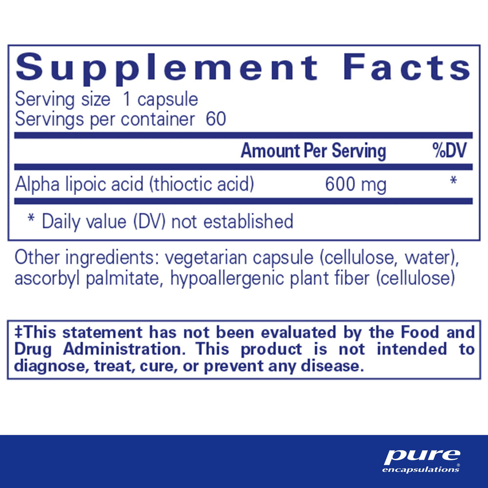 Capsules of Pure Encapsulations Alpha Lipoic Acid 600 mg in bottle for nerve health