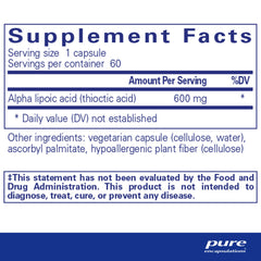 Capsules of Pure Encapsulations Alpha Lipoic Acid 600 mg in bottle for nerve health