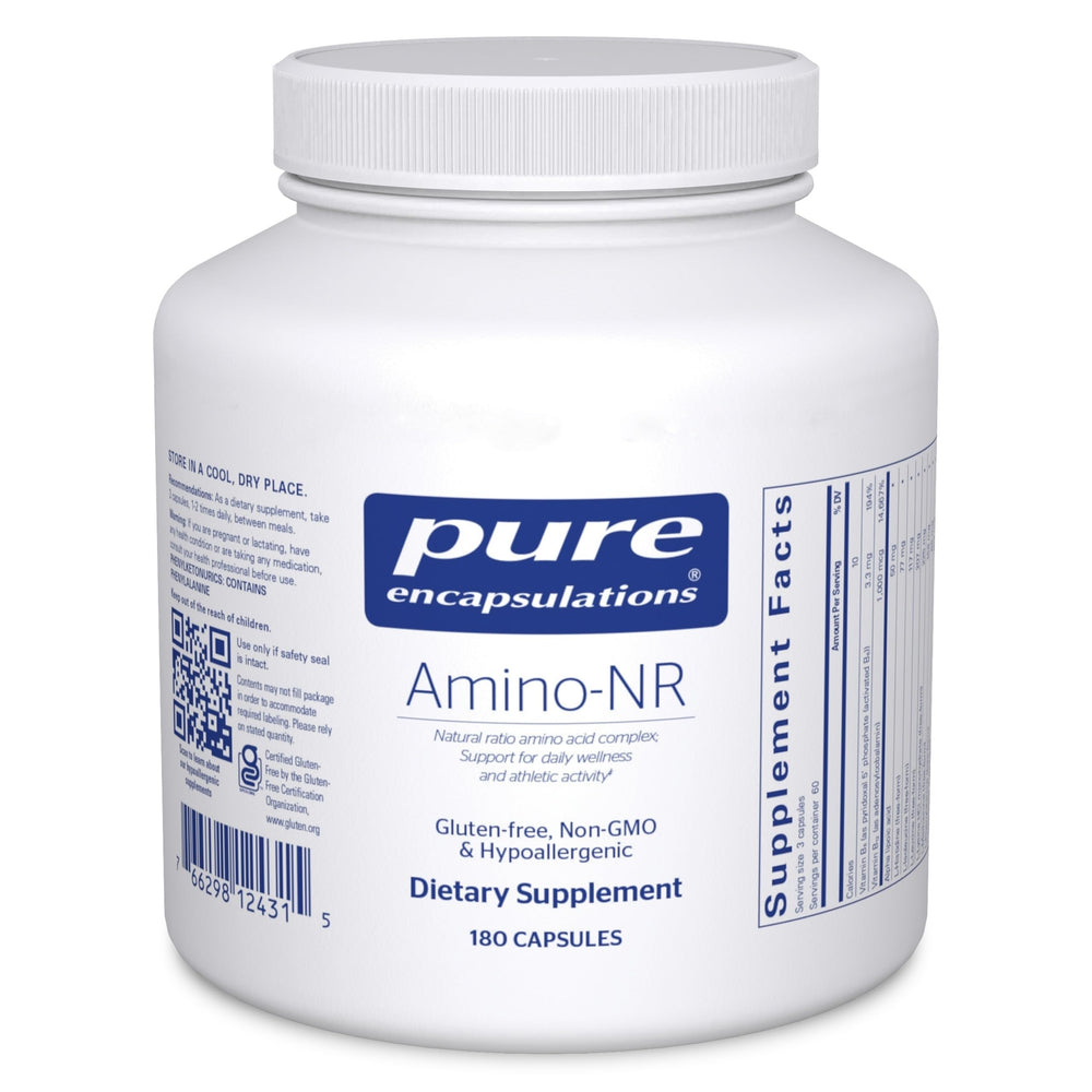 Pure Encapsulations Amino-NR bottle front highlights premium immune-support and athletic-ready capsules.