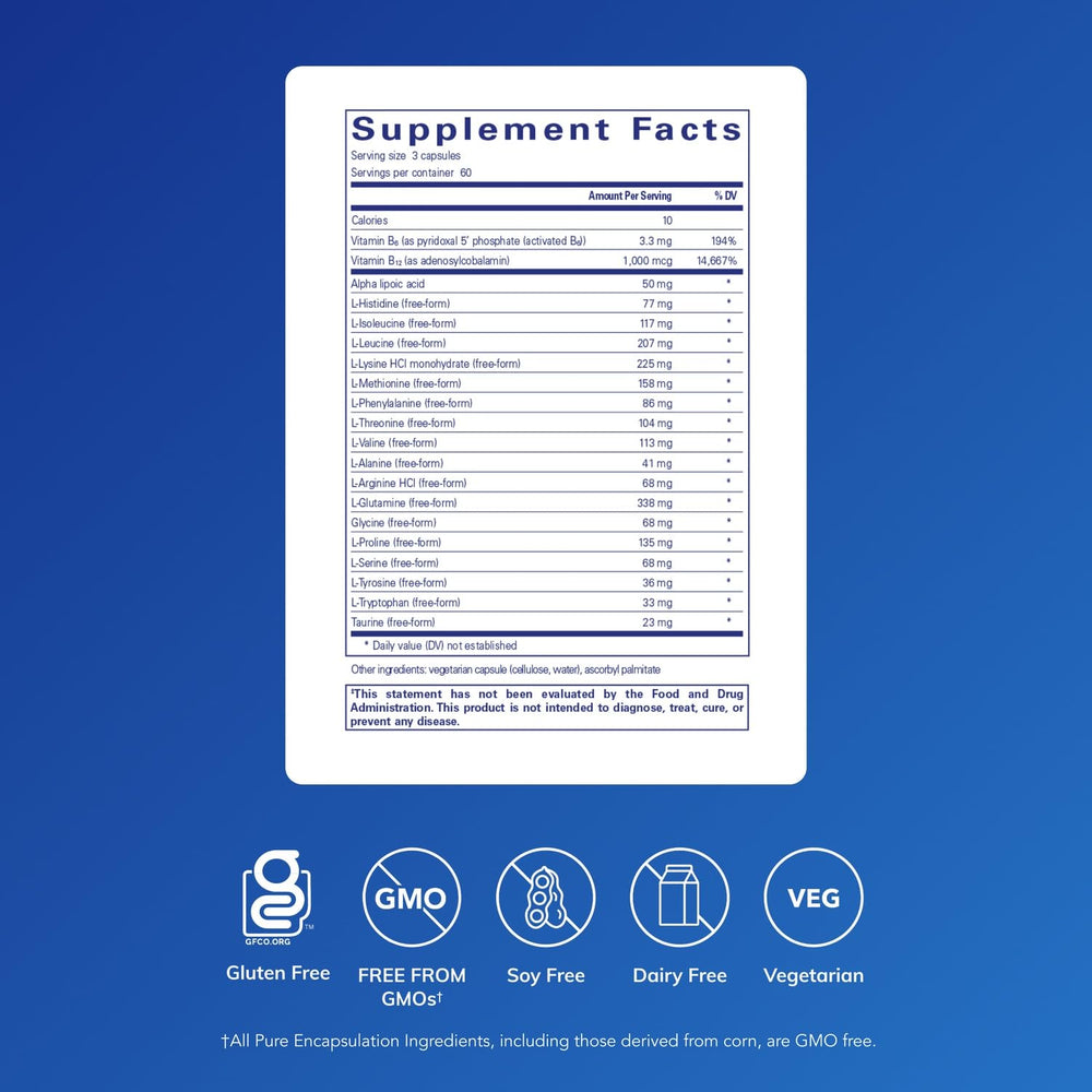 Pure Encapsulations Amino-NR bottle pour demonstrates convenient daily dosing for workouts.