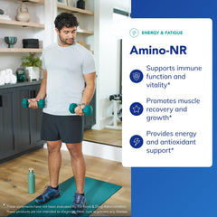 Pure Encapsulations Amino-NR capsules closeup shows easy-to-swallow, neutral capsules.