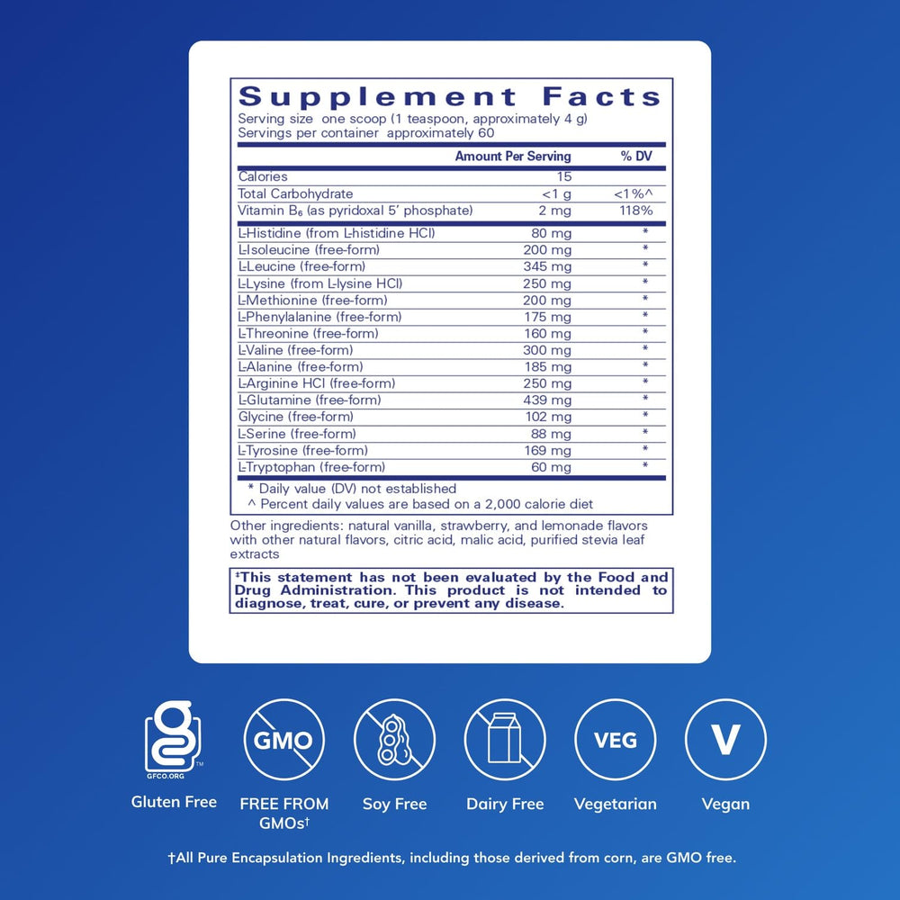 Pure Encapsulations Amino Replete label closeup highlights clean, hypoallergenic formula.