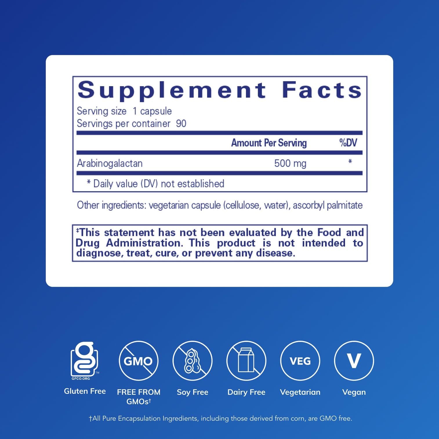 Pure Encapsulations Arabinogalactan label shows ingredients and purity for clean choices