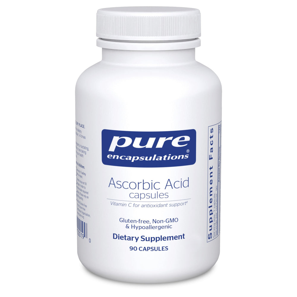 Pure Encapsulations Ascorbic Acid capsules bottle with 90 capsules for daily immune support.