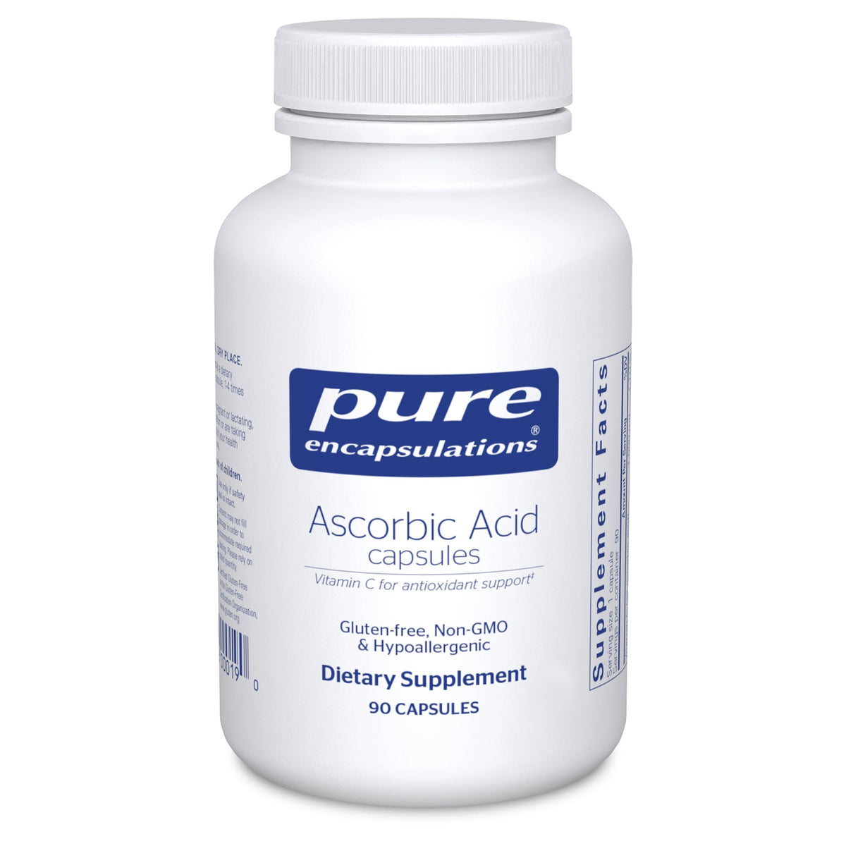 Pure Encapsulations Ascorbic Acid capsules bottle with 90 capsules for daily immune support.