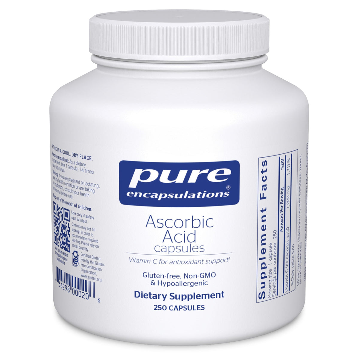 Pure Encapsulations Ascorbic Acid Capsules bottle highlights high-potency vitamin C for daily immune support