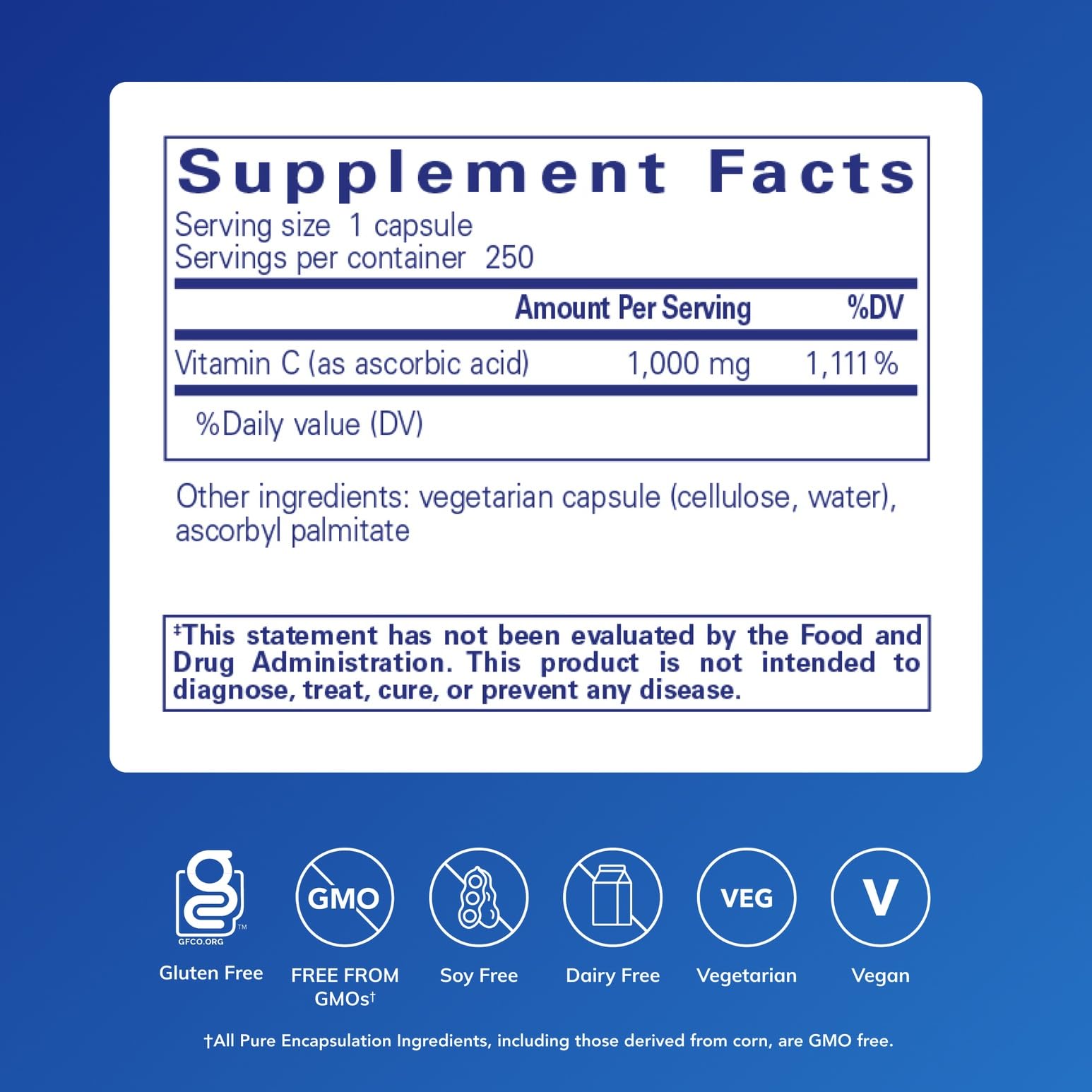 Pure Encapsulations Ascorbic Acid Capsules closeup shows capsule texture and dose