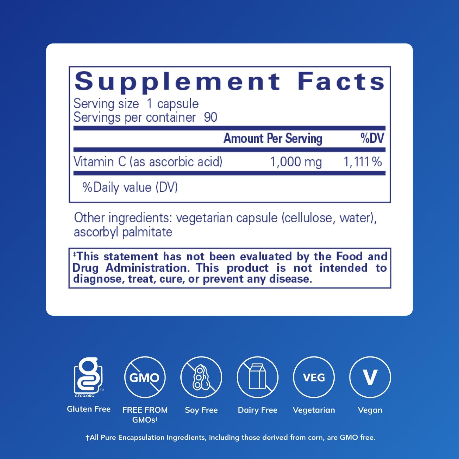 Pure Encapsulations Ascorbic Acid label close-up highlighting 1000 mg potency.