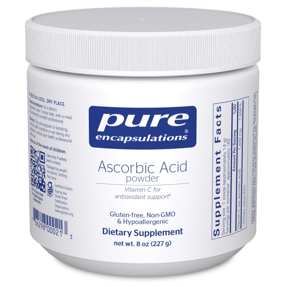Pure Encapsulations ascorbic acid powder bottle for daily antioxidant support.