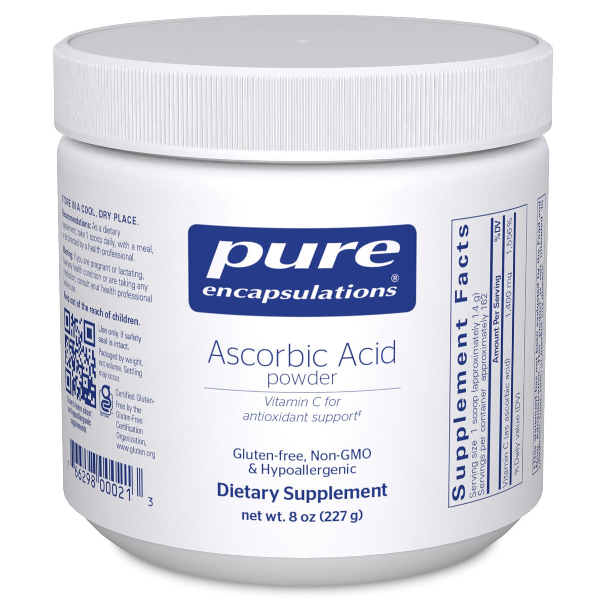 Pure Encapsulations ascorbic acid powder bottle for daily antioxidant support.