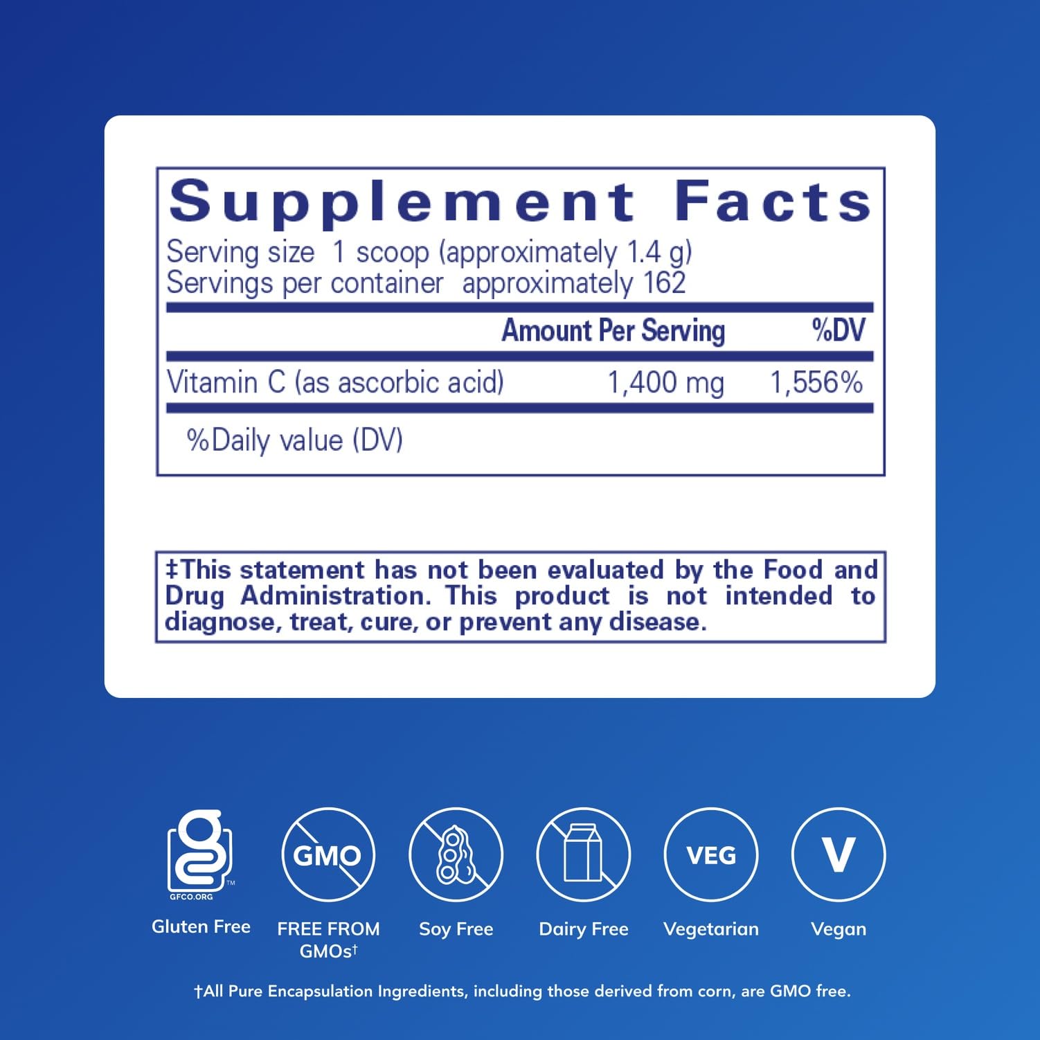 Pure Encapsulations ascorbic acid powder scoop enables easy daily dosing.