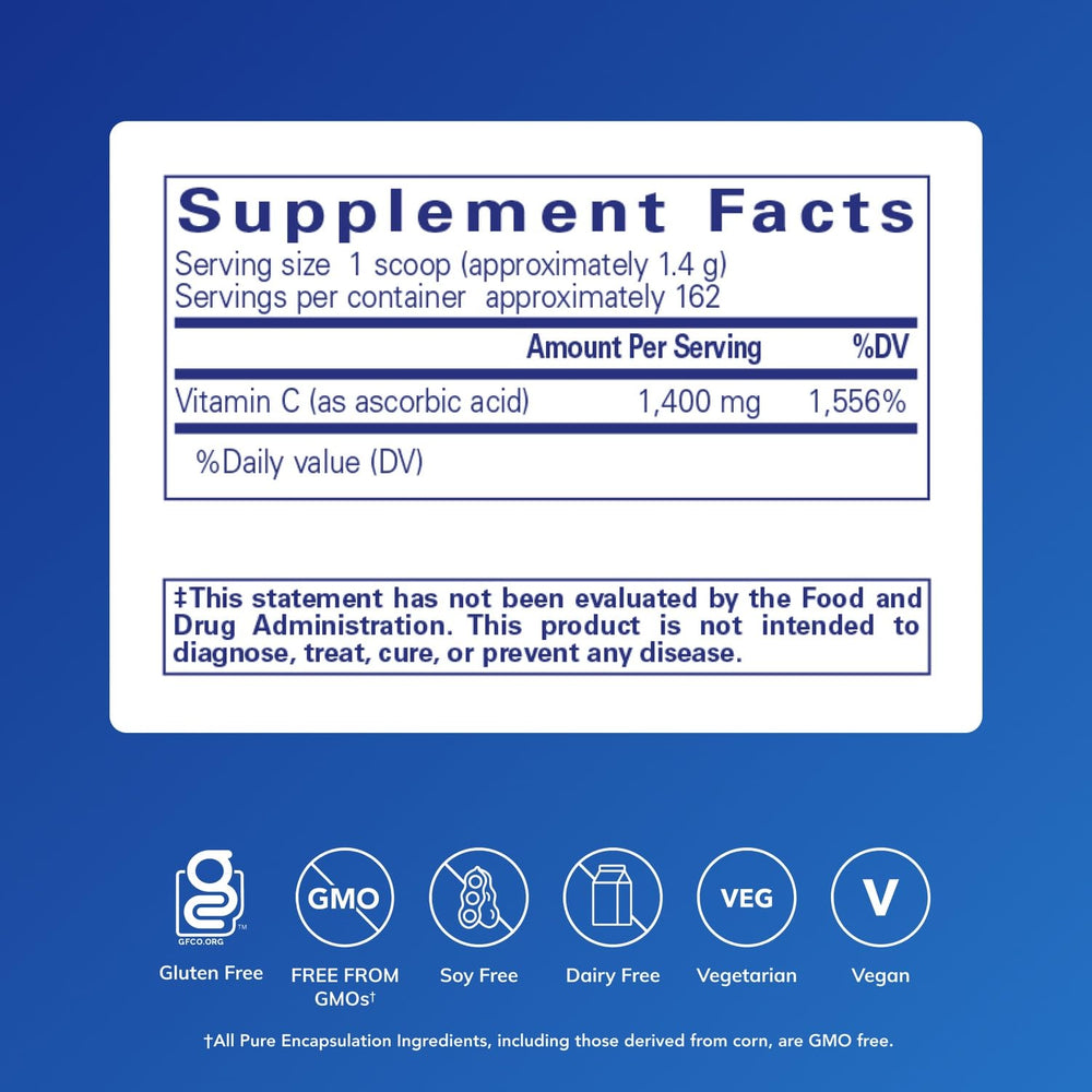 Pure Encapsulations ascorbic acid powder scoop enables easy daily dosing.