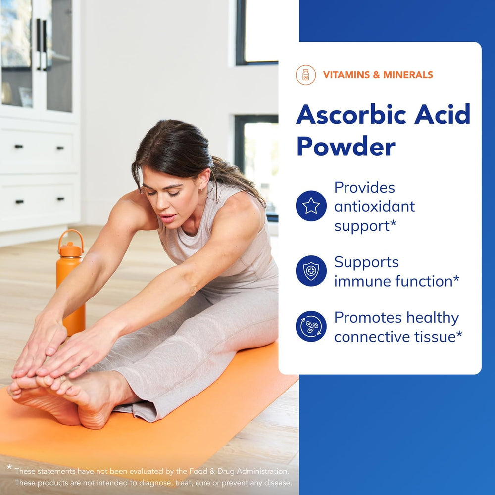 Pure Encapsulations ascorbic acid powder texture close-up shows fine powder for everyday antioxidant support.