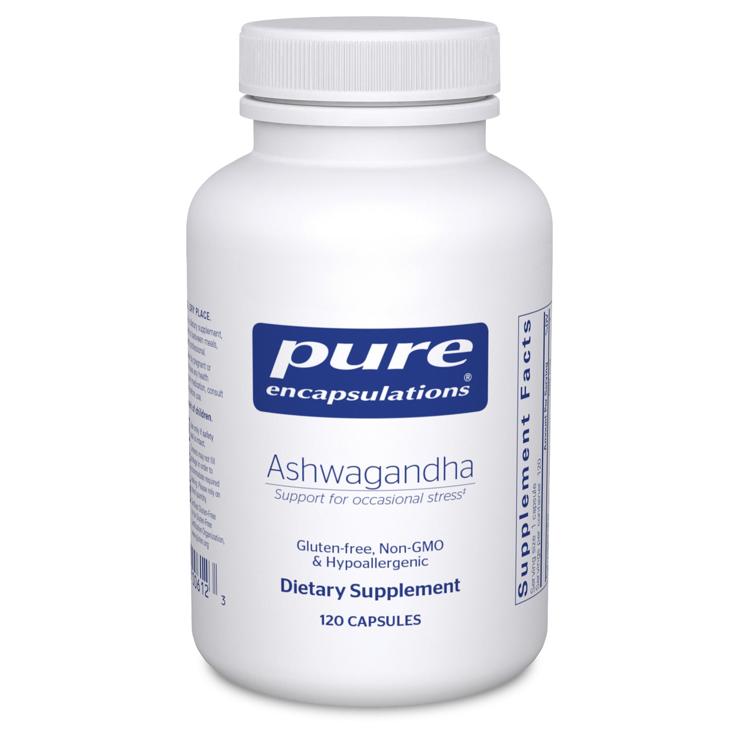 Pure Encapsulations Ashwagandha capsule on bottle, supporting daily stress resilience.