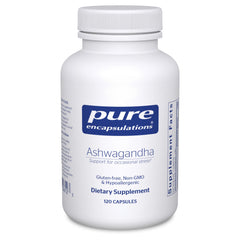 Pure Encapsulations Ashwagandha capsule on bottle, supporting daily stress resilience.