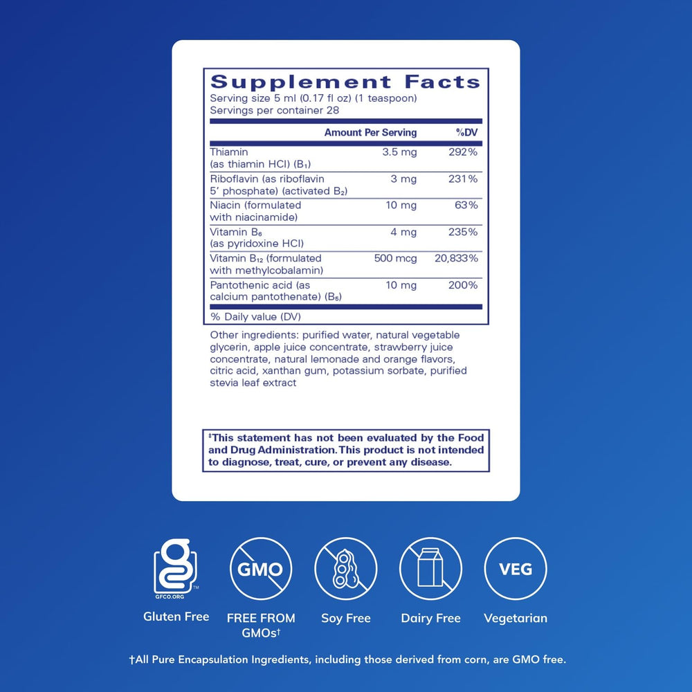 Pure Encapsulations B-Complex Liquid bottle closeup highlighting quality ingredients