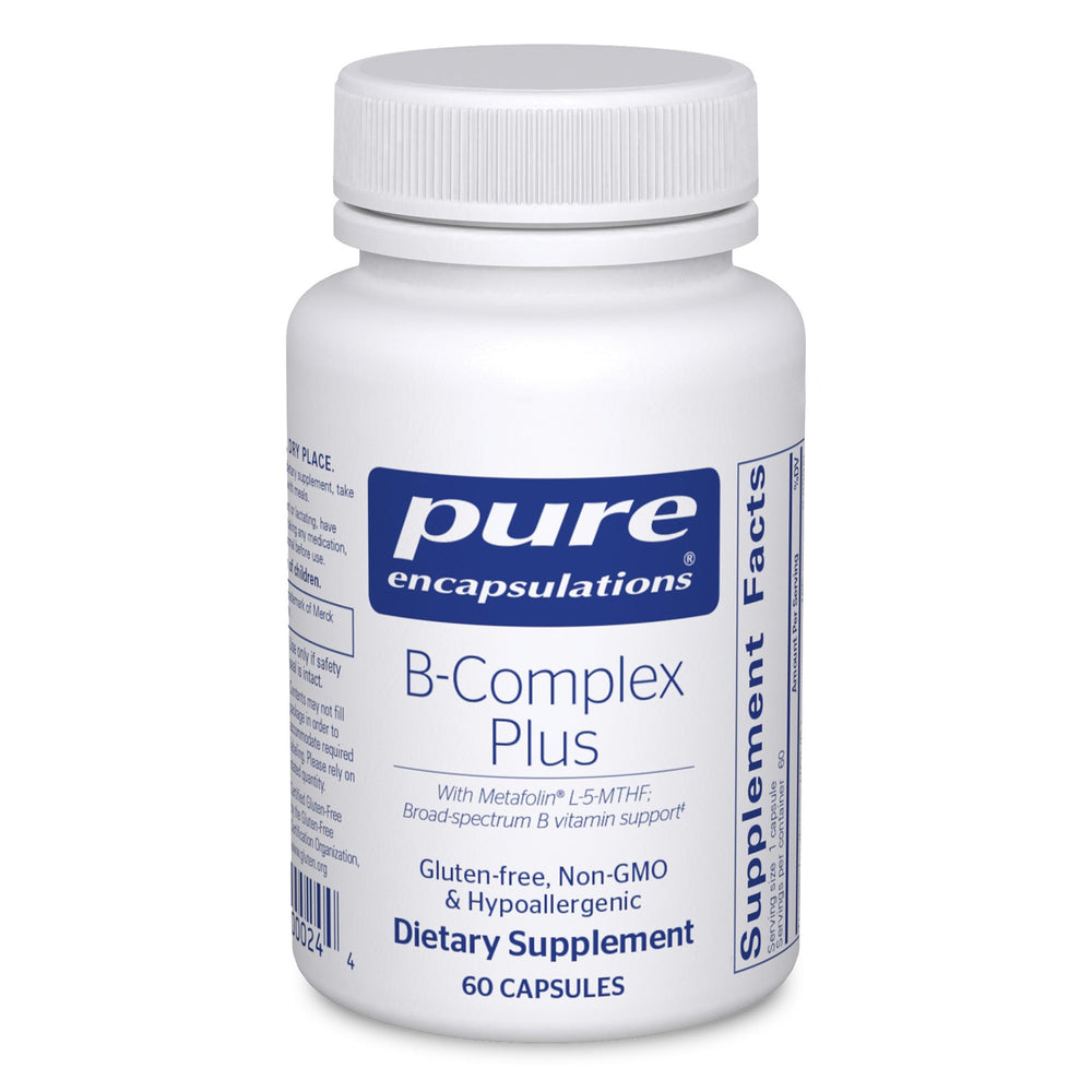 Pure Encapsulations B-Complex Plus bottle front highlights B vitamins for energy support and nervous system balance.