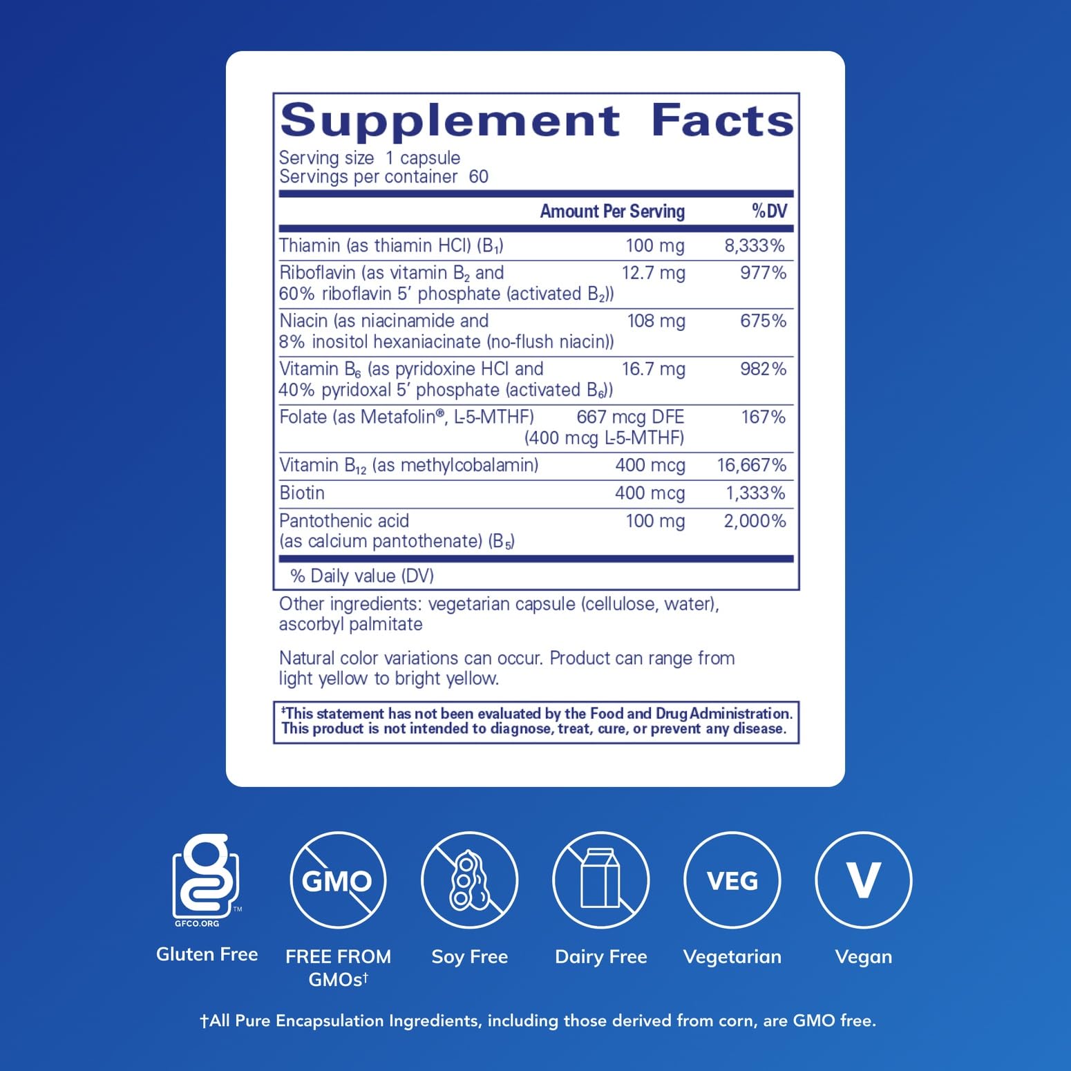 Pure Encapsulations B-Complex Plus capsules closeup show compact size for easy daily supplementation.