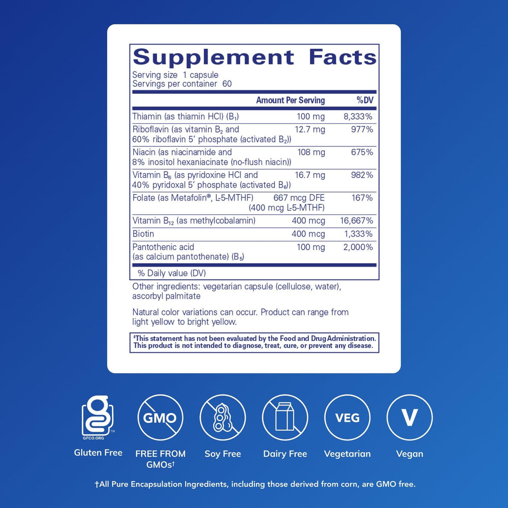 Pure Encapsulations B-Complex Plus capsules closeup show compact size for easy daily supplementation.