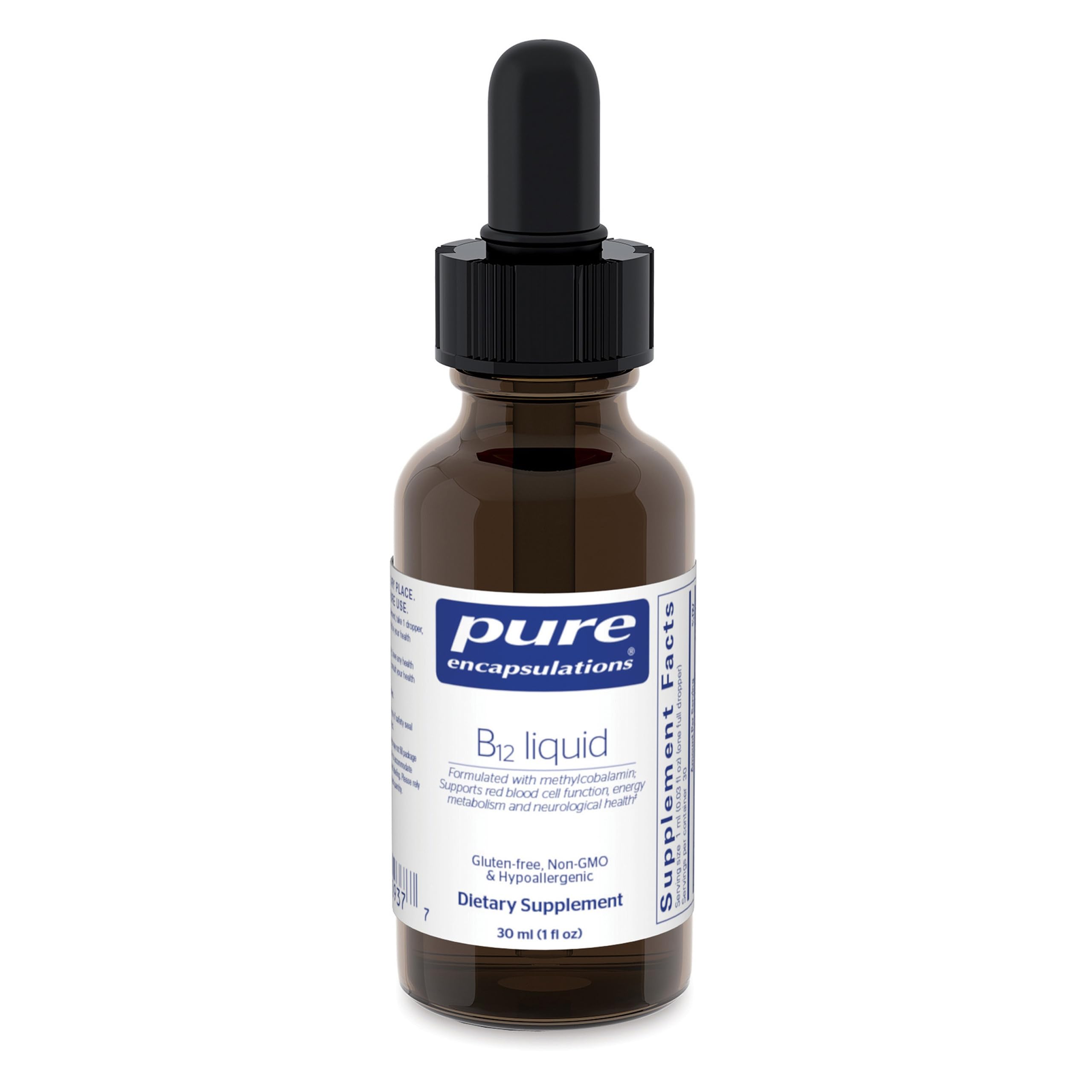 Pure Encapsulations B12 Liquid bottle highlighting methylcobalamin for energy and nerve support