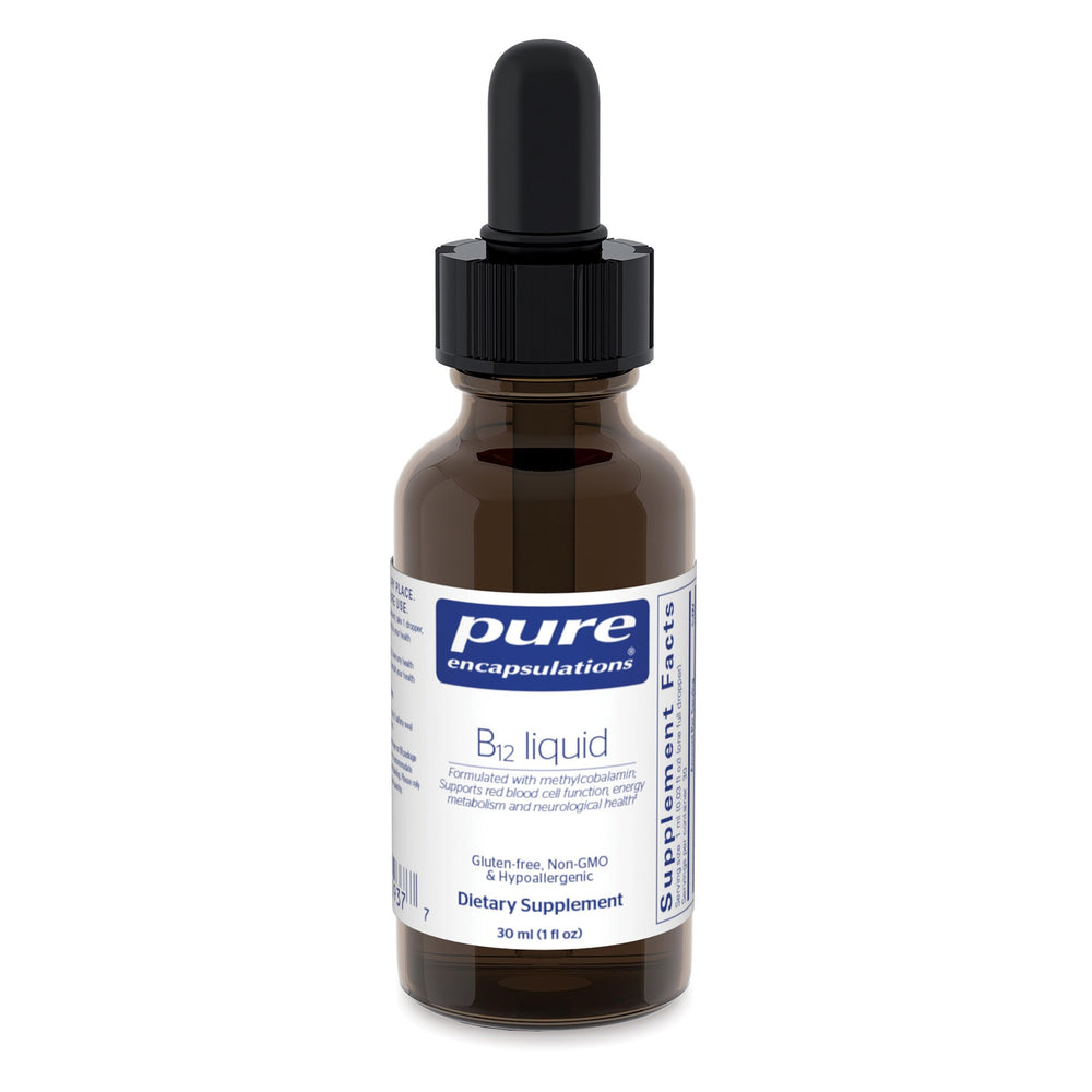 Pure Encapsulations B12 Liquid bottle highlighting methylcobalamin for energy and nerve support