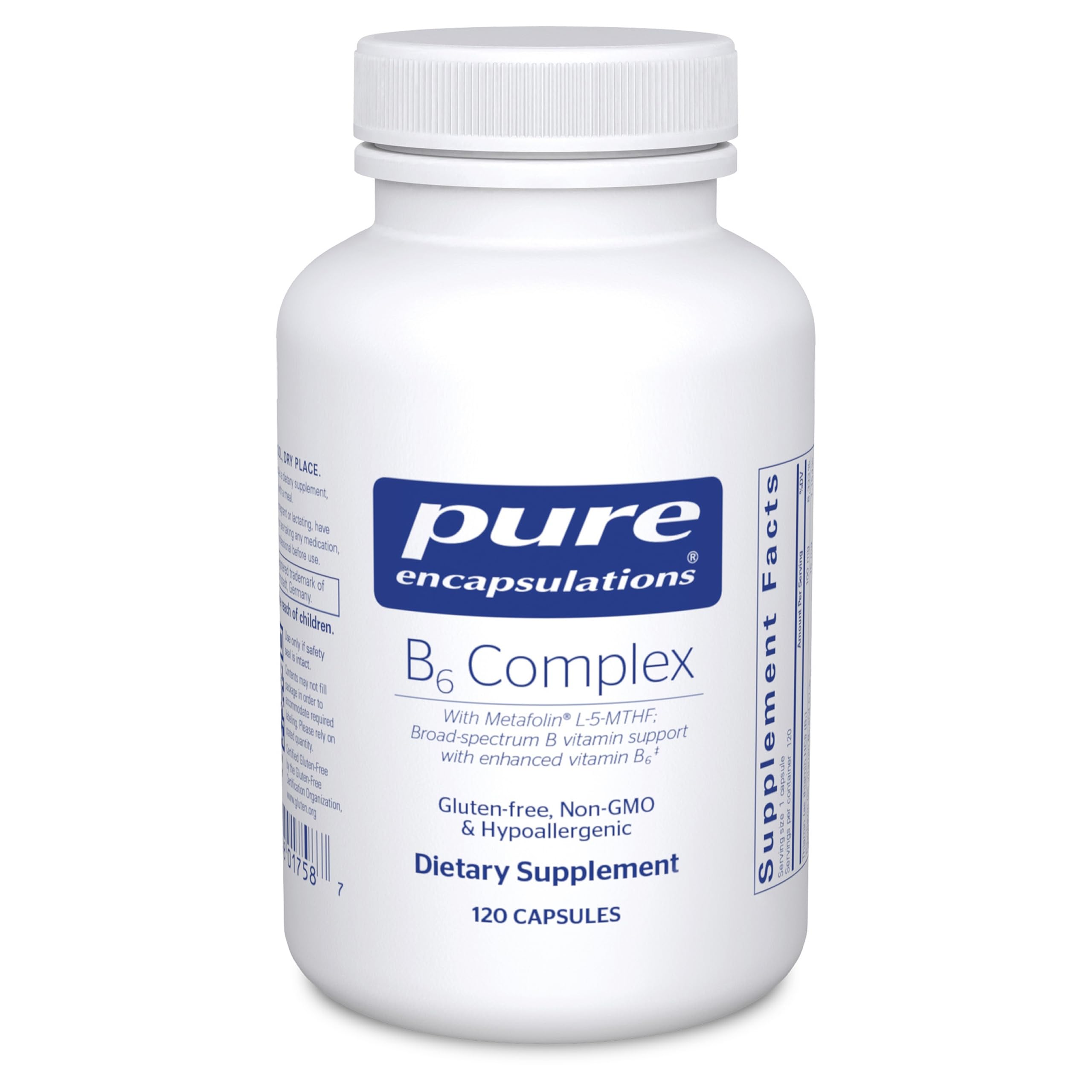 Pure Encapsulations B6 Complex bottle closeup highlighting high-potency B vitamins for brain health.