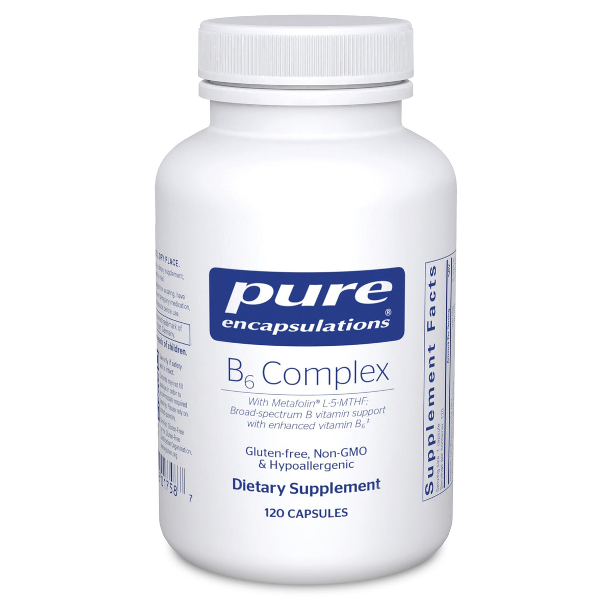 Pure Encapsulations B6 Complex bottle closeup highlighting high-potency B vitamins for brain health.