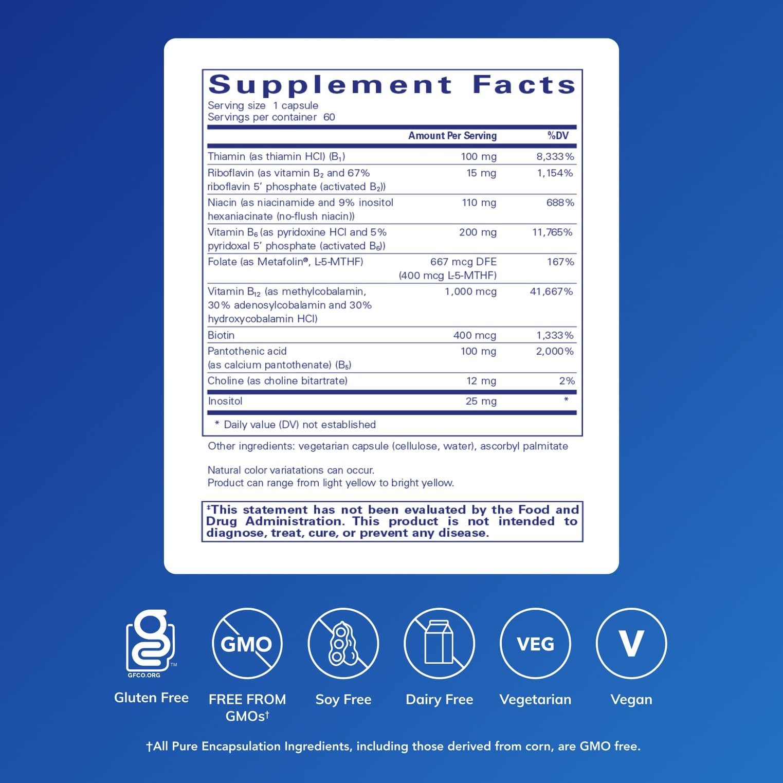Pure Encapsulations B6 Complex capsules closeup shows high-potency B6 for brain support.