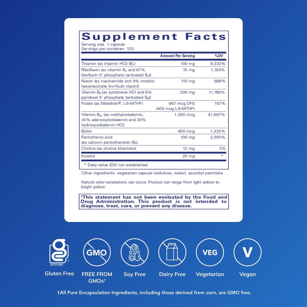 Pure Encapsulations B6 Complex capsules resting together emphasize convenient daily nervous system support.
