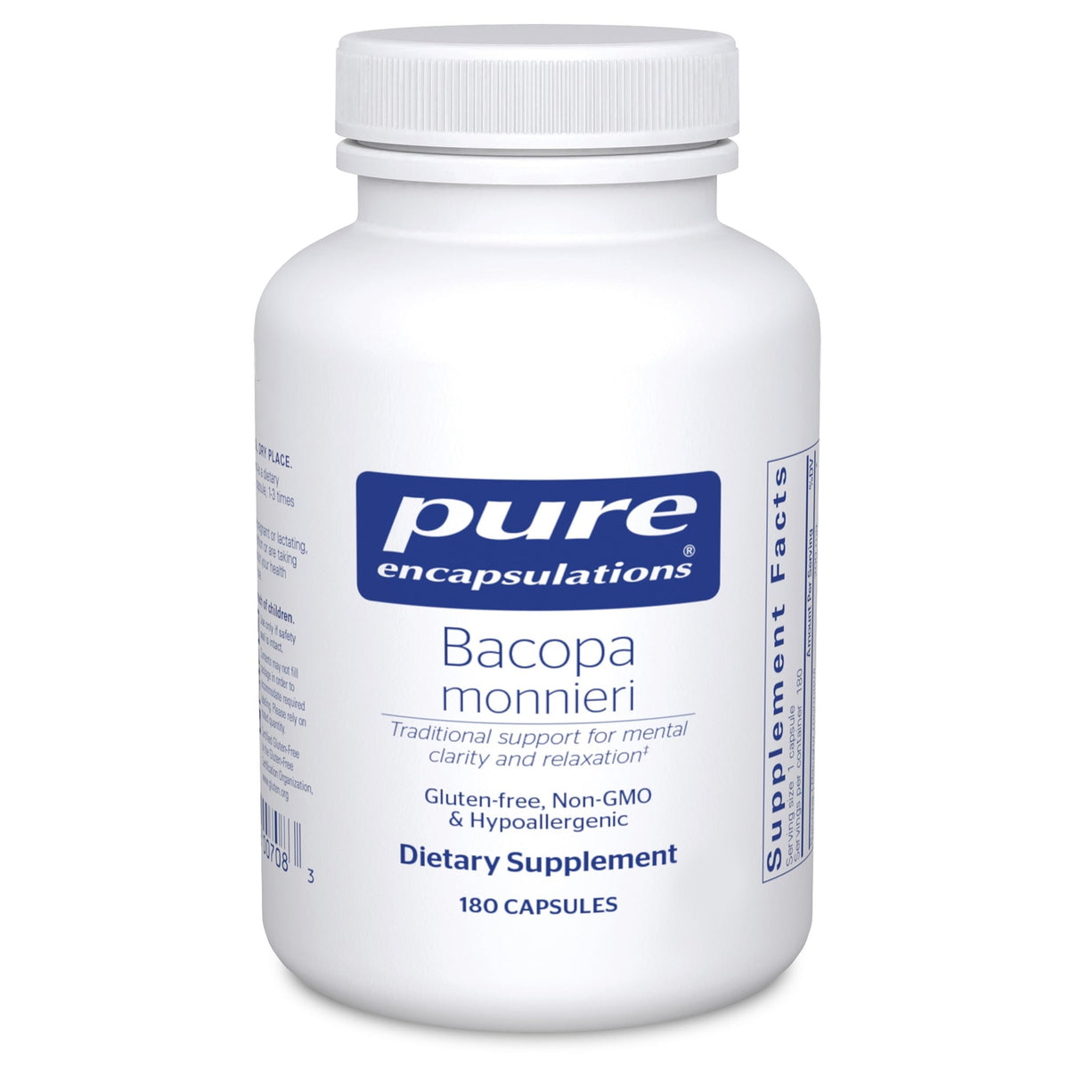 Pure Encapsulations Bacopa Monnieri bottle highlighting memory support and daily focus.