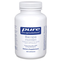 Pure Encapsulations Bacopa Monnieri bottle highlighting memory support and daily focus.