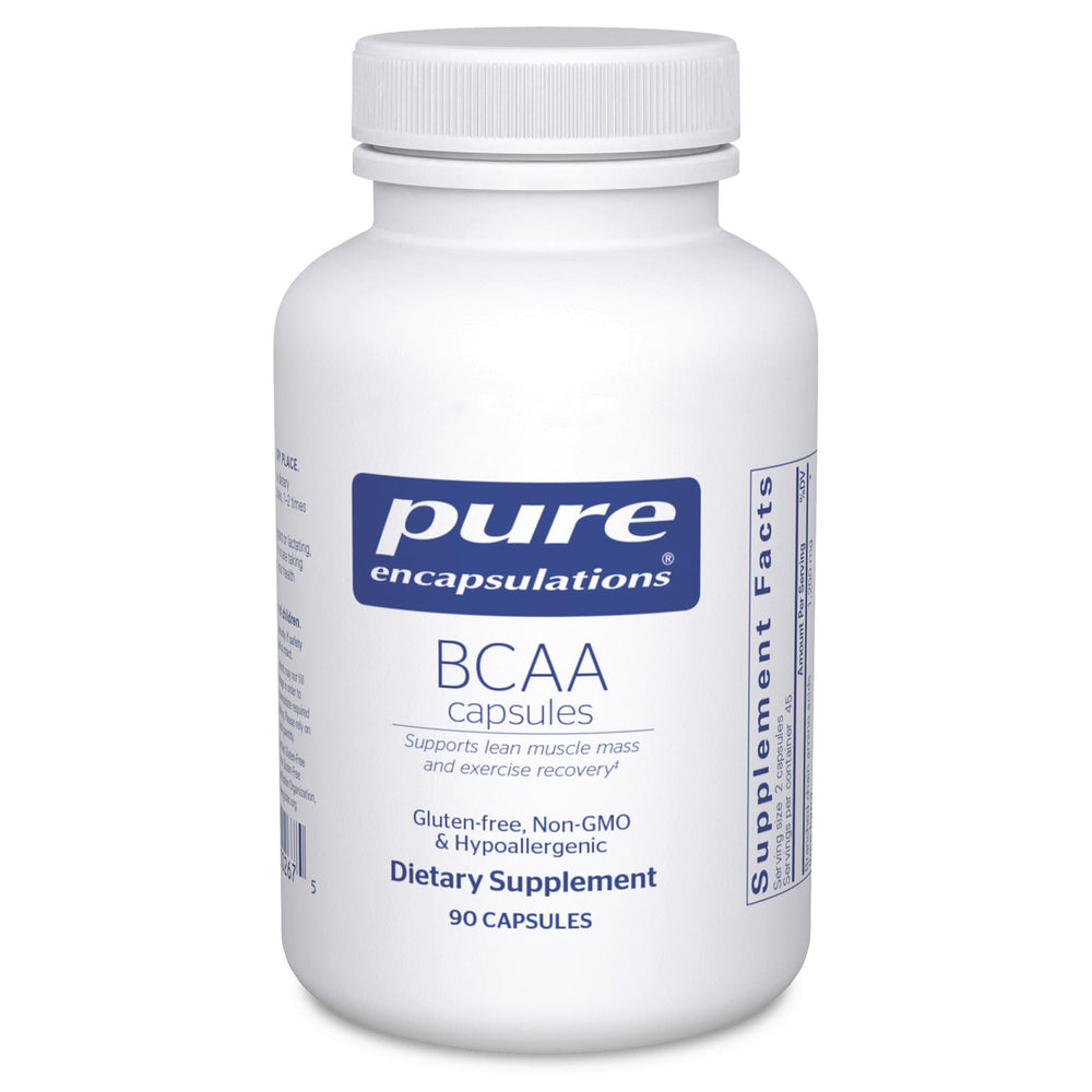 Pure Encapsulations BCAA capsules bottle front showing hypoallergenic formula.