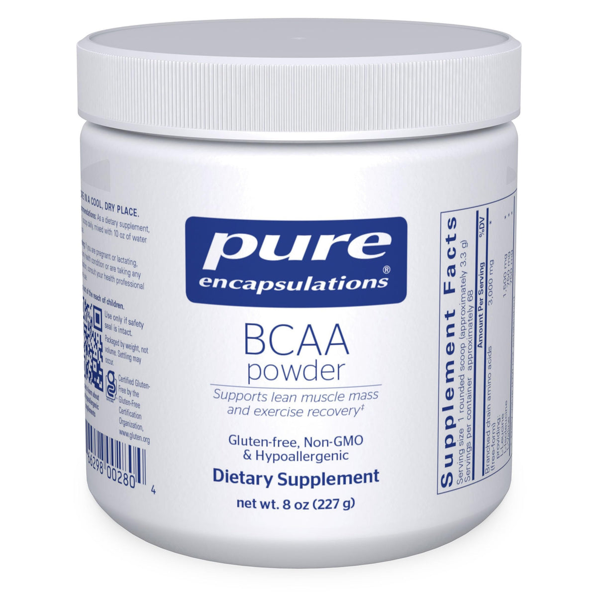 Pure Encapsulations BCAA Powder package showing lean muscle support during workouts
