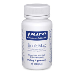 Pure Encapsulations BenfoMax 90s bottle front highlights a vegan thiamin supplement for daily metabolism support.