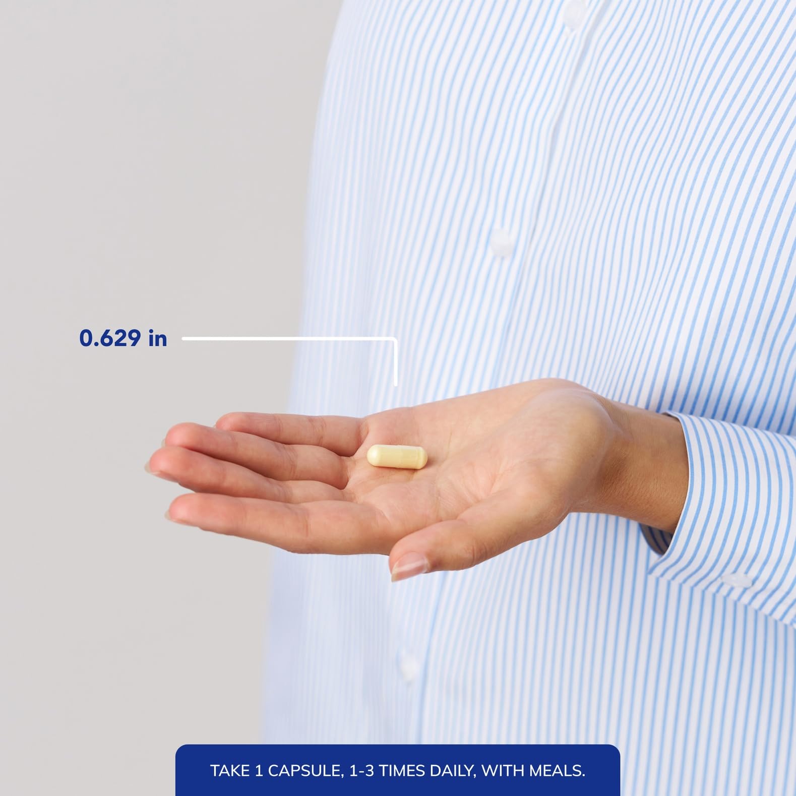 Dosage instructions image suggests taking one capsule with meals for best absorption.