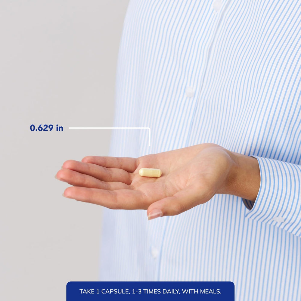 Dosage instructions image suggests taking one capsule with meals for best absorption.