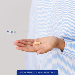 Dosage instructions image suggests taking one capsule with meals for best absorption.