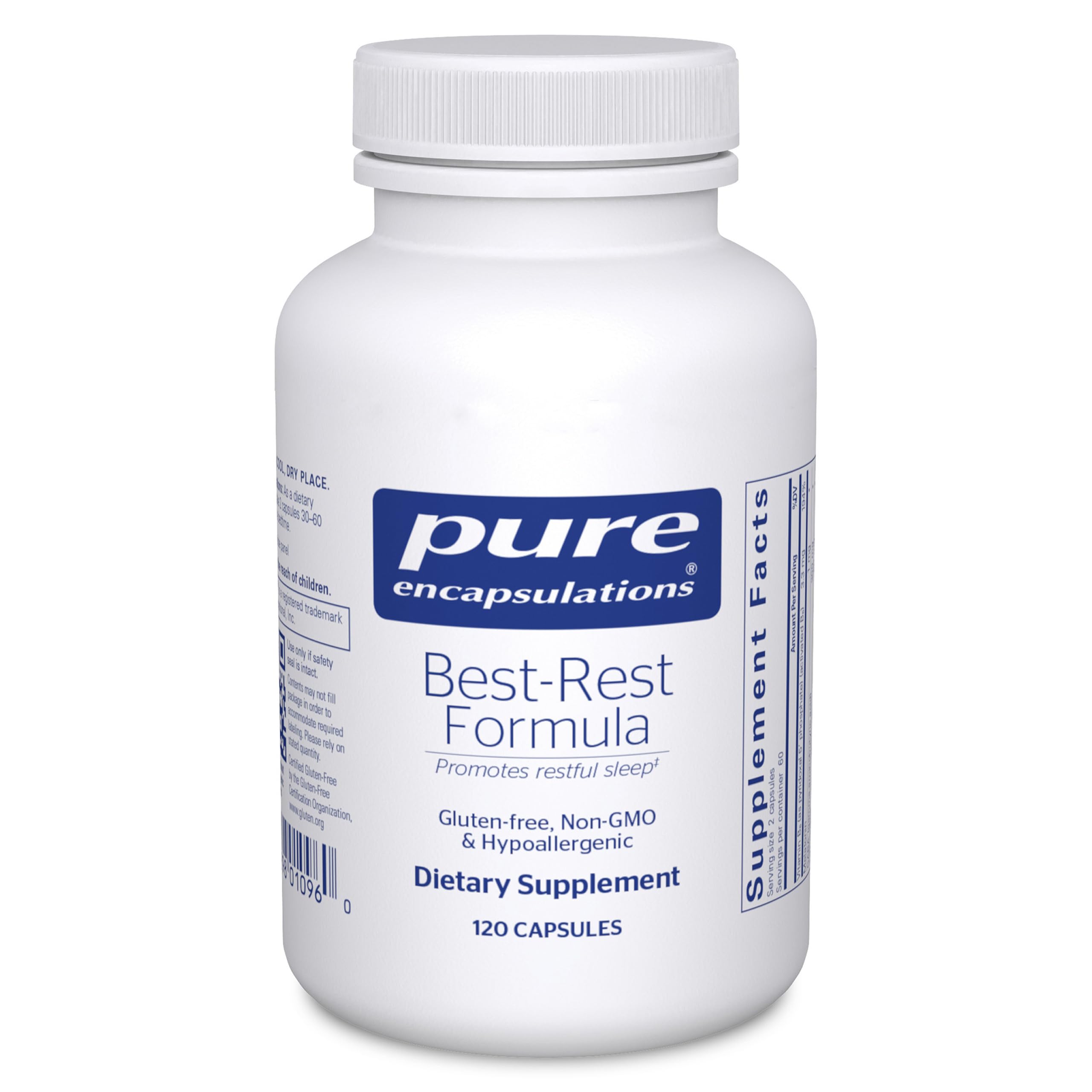 Pure Encapsulations Best-Rest Formula bottle shows vegan, non-GMO sleep support.