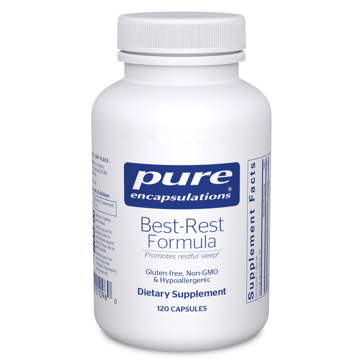 Pure Encapsulations Best-Rest Formula bottle shows vegan, non-GMO sleep support.