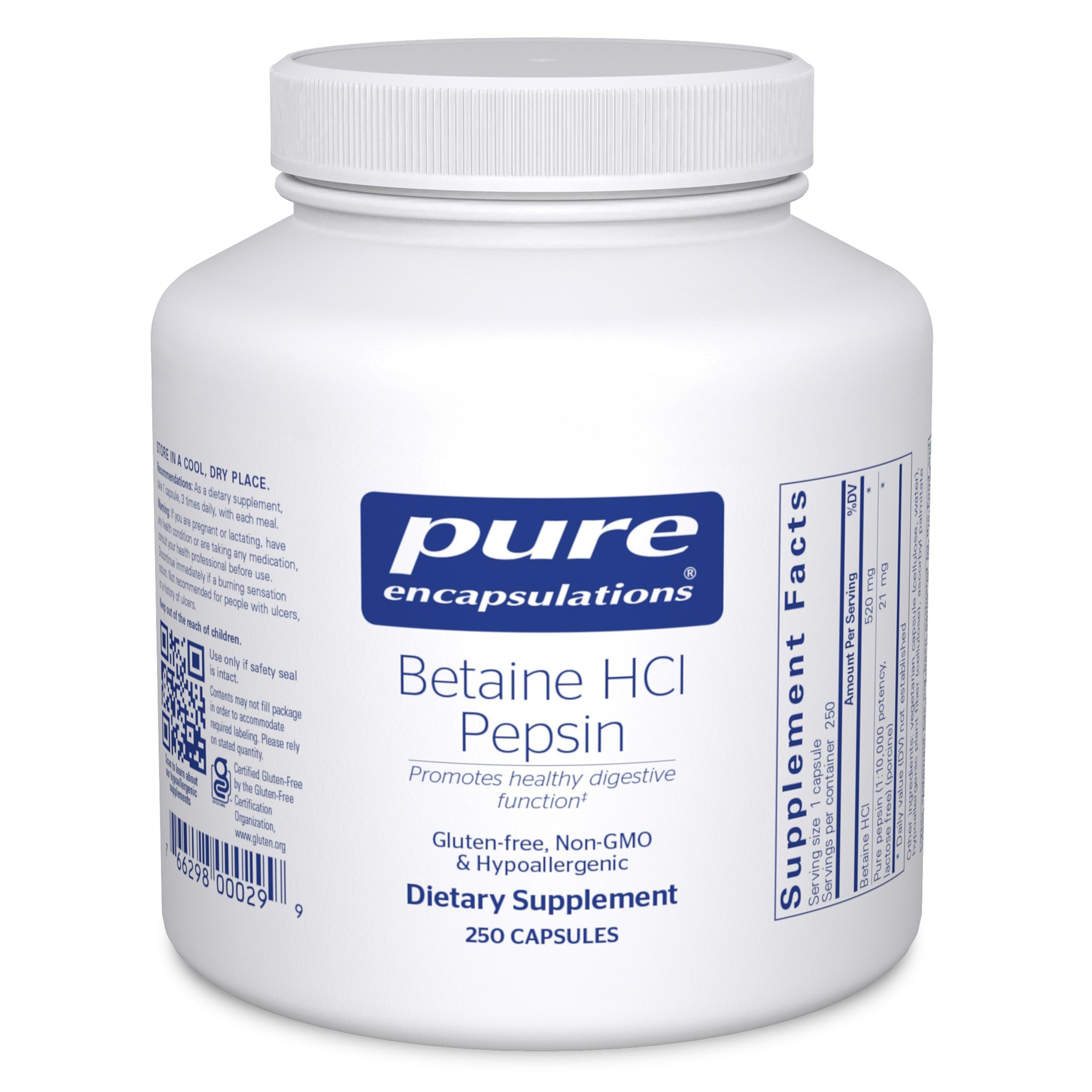 Pure Encapsulations Betaine HCl Pepsin bottle label highlights digestion support and purity.